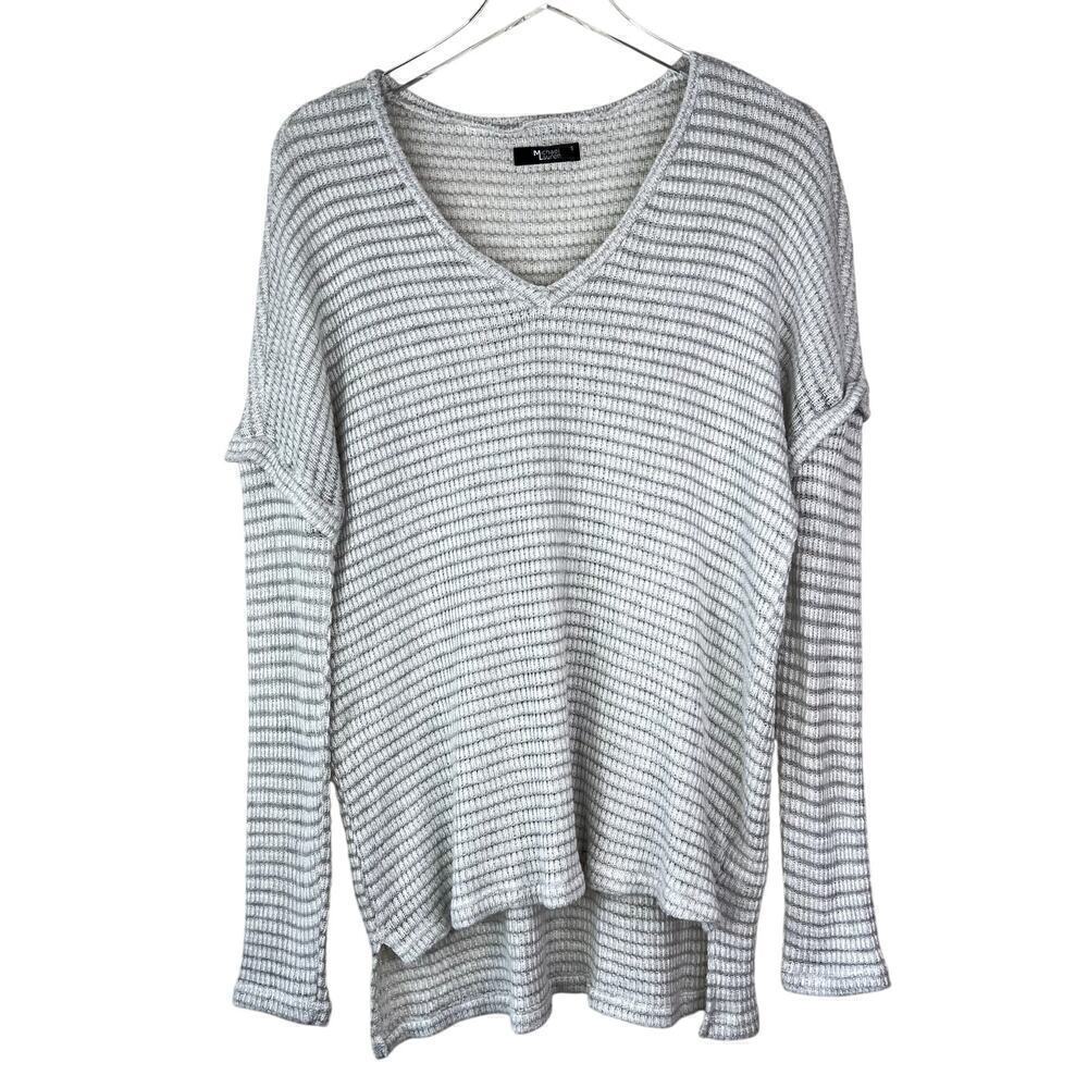 Michael Lauren V-Neck Pullover Sweater White Gray Striped Lightweight Knit SMALL